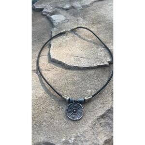 Vintage Pendant Necklace Chocker Circle Sun Wheel With Blue Stones Beautiful